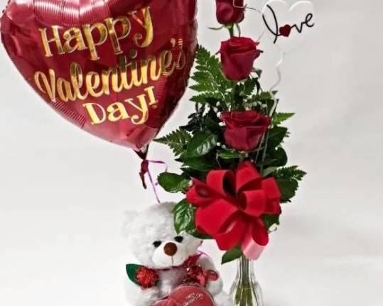 Order 3 Roses and Teddy Bear with balloon, chocolate and free card food online from Eugenia's Flowers 24/7 Flower Shop store, Northlake on bringmethat.com