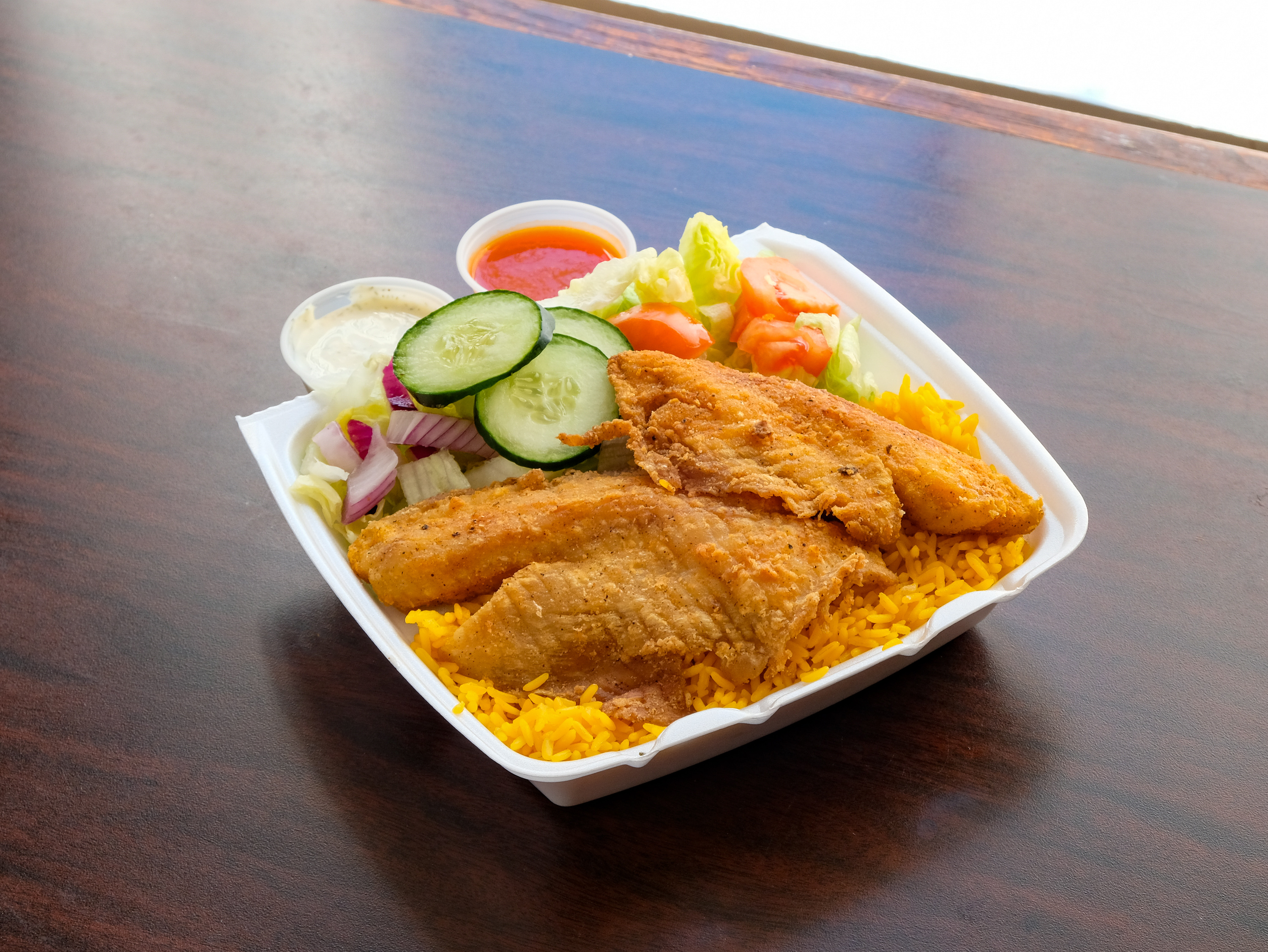 Order Fish Rice Platter food online from Semo's store, Wilmington on bringmethat.com