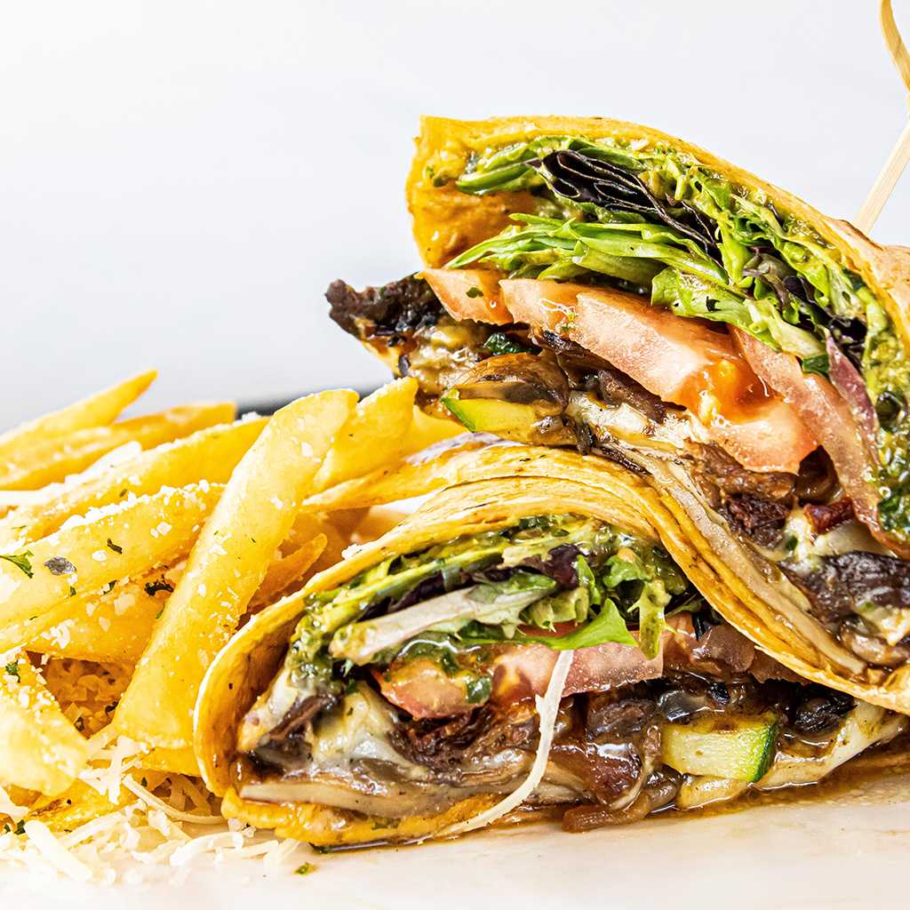 Order Wild Mushroom & Roasted Vegetable Wrap food online from Electric Playhouse store, Albuquerque on bringmethat.com