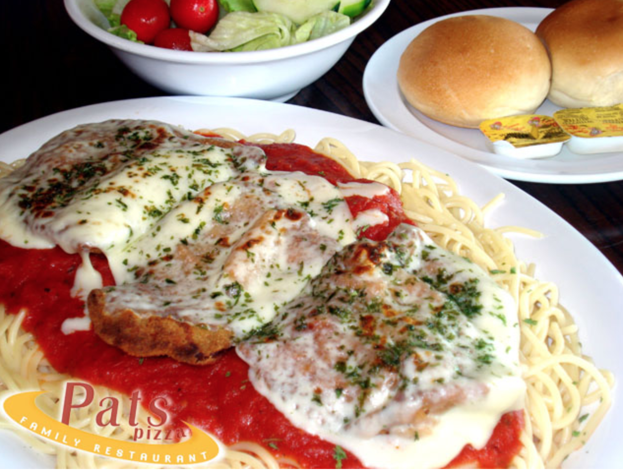 Order Veal Parm with Spaghetti Dinner food online from Pat Pizza Family Restaurant store, Wilmington on bringmethat.com