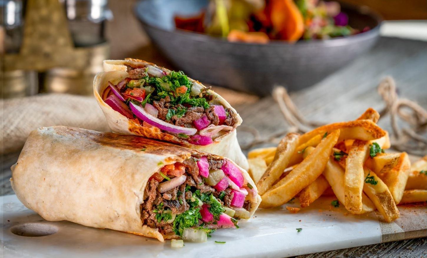 Order Meat Shawarma Wrap food online from The Butcher Grille store, Dearborn on bringmethat.com