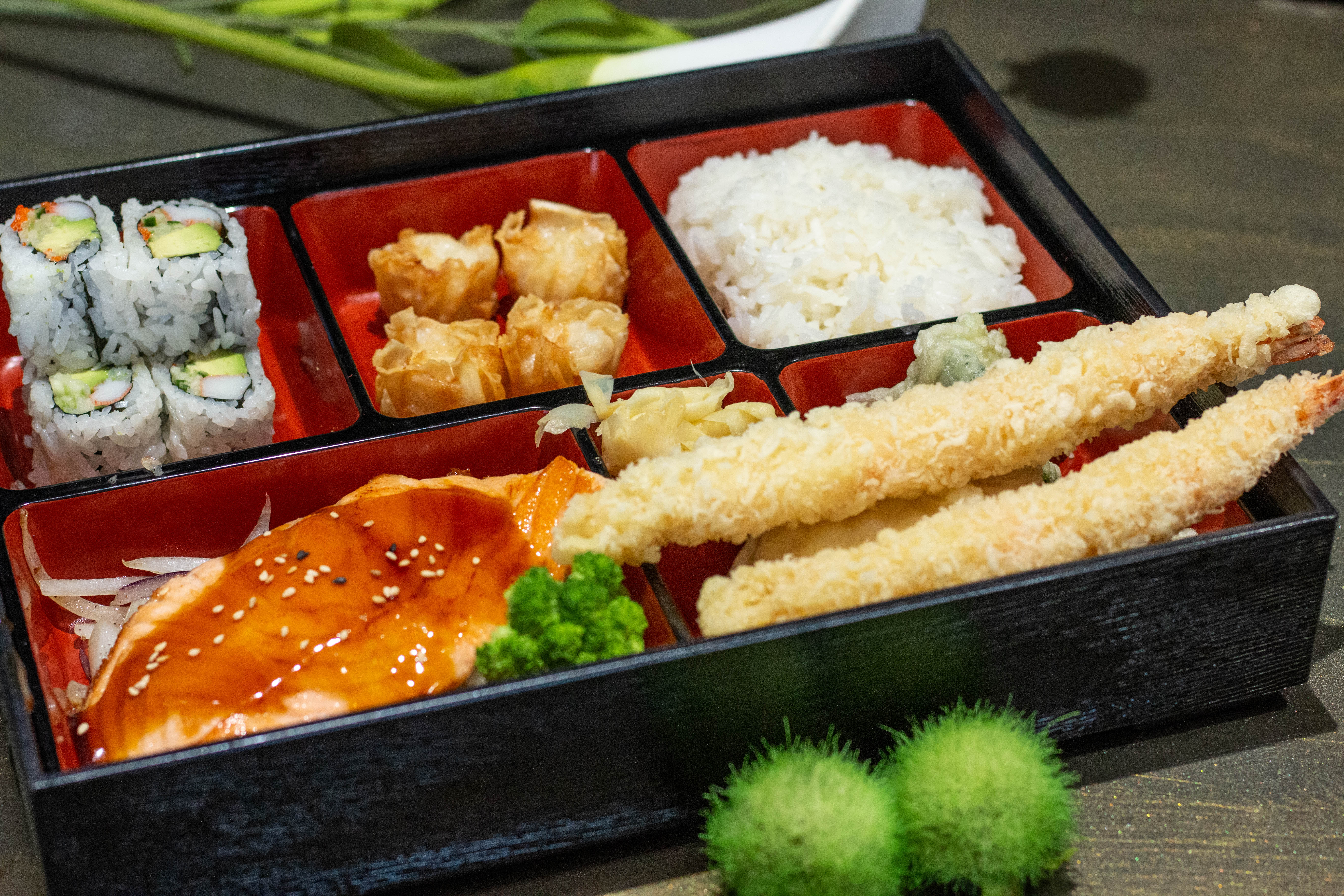Order B. Salmon Teriyaki Dinner Bento Box food online from Kumo Sushi store, Bethlehem on bringmethat.com
