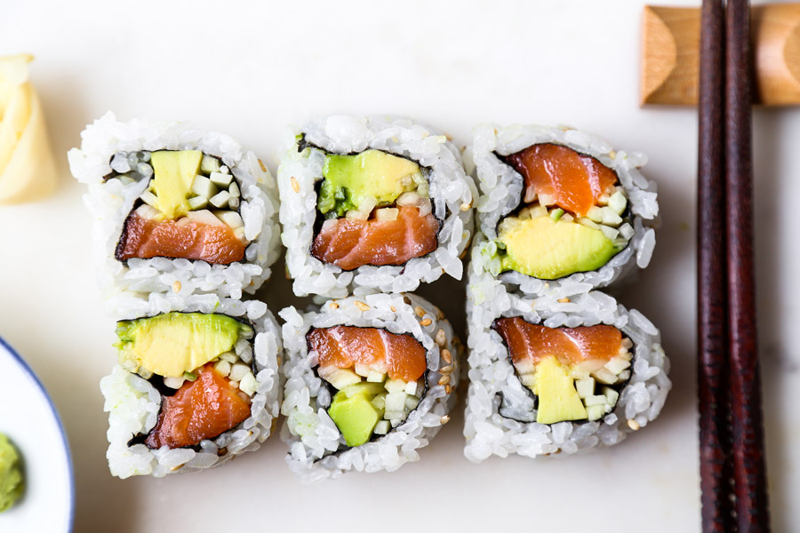 Order Spicy Avocado Roll with 6 Pieces Salmon food online from Asia Nine Bar and Lounge store, Washington on bringmethat.com