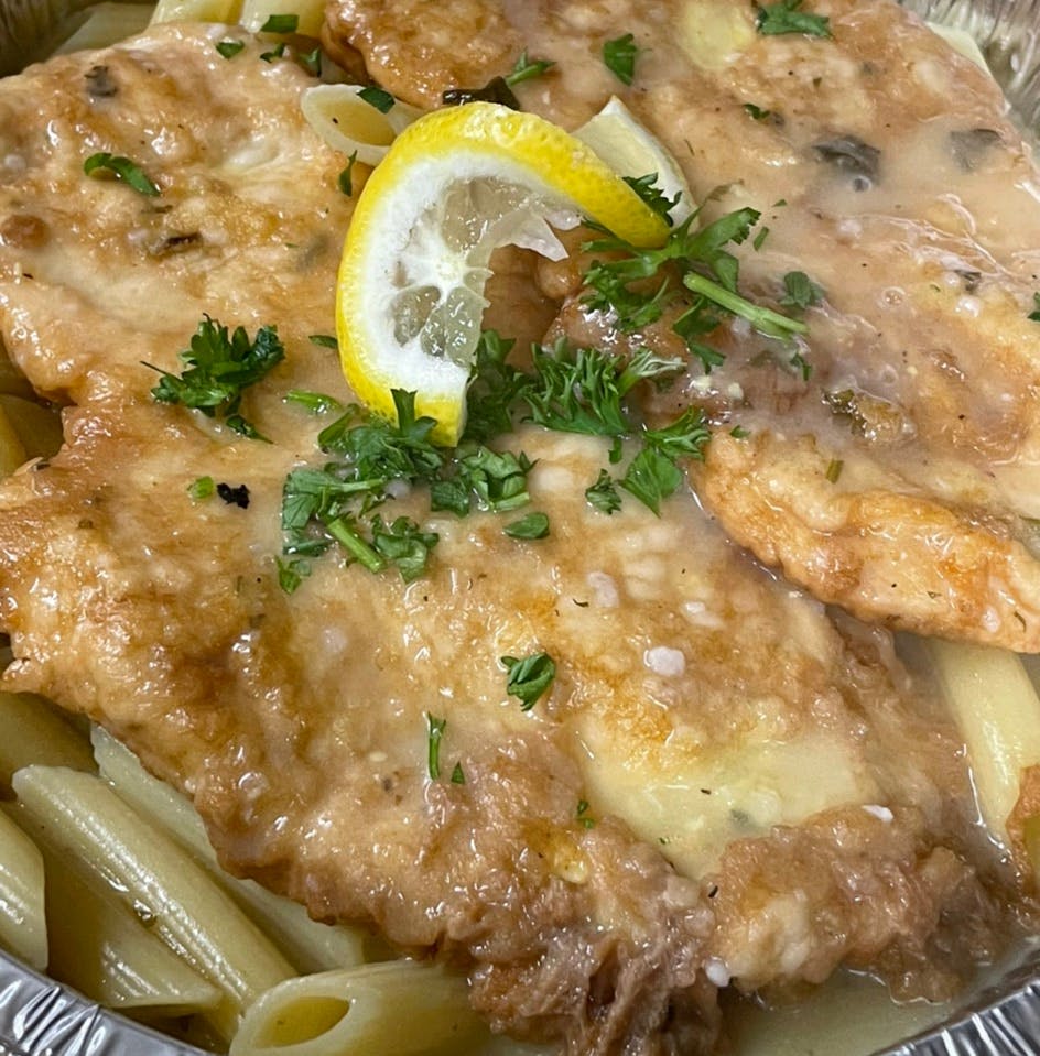 Order Chicken Francese - Entree food online from Davila's Pizza & Restaurant store, Hackettstown on bringmethat.com