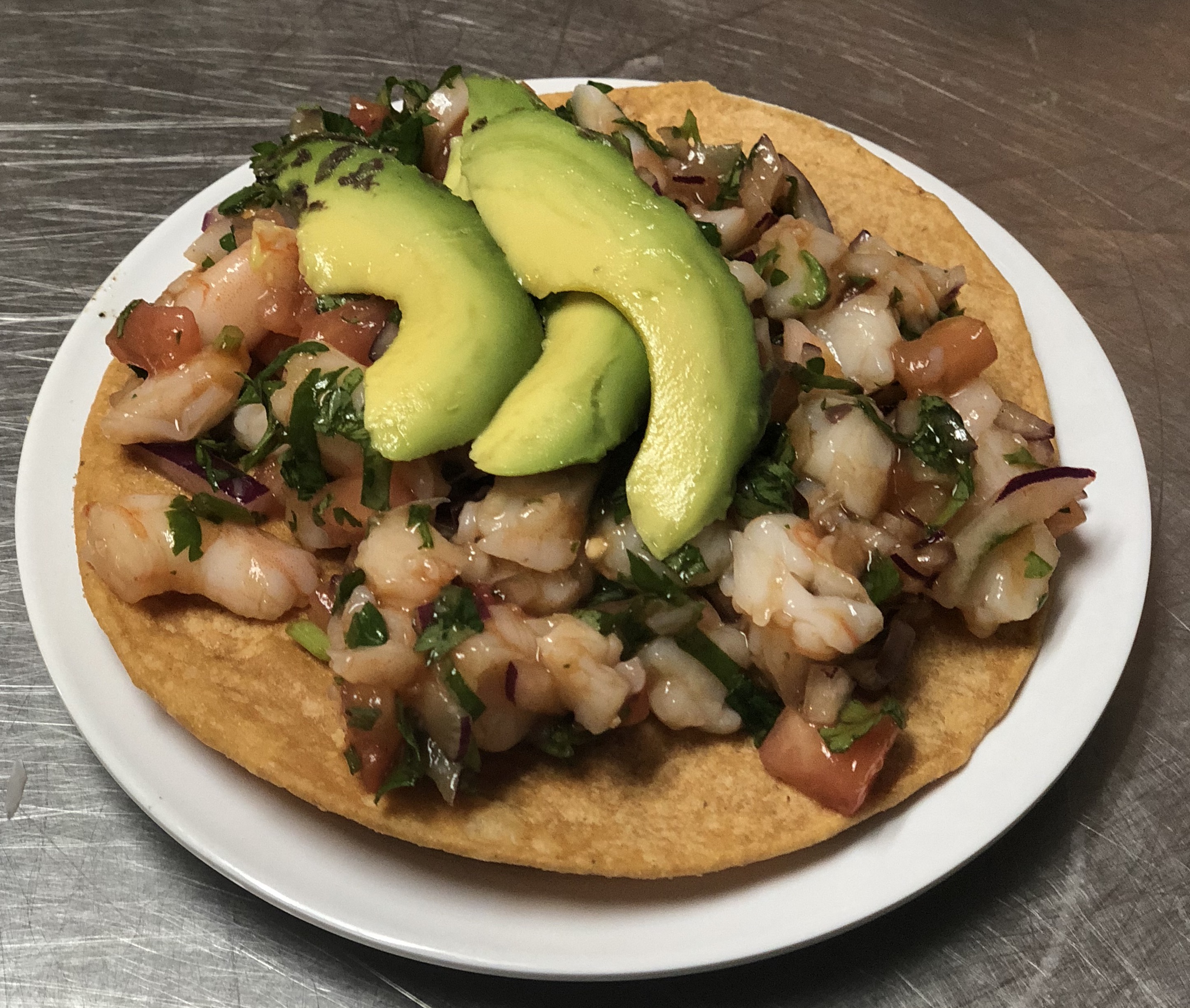 Order Shrimp Tostada food online from Dulce Antojitos store, Pittsburg on bringmethat.com