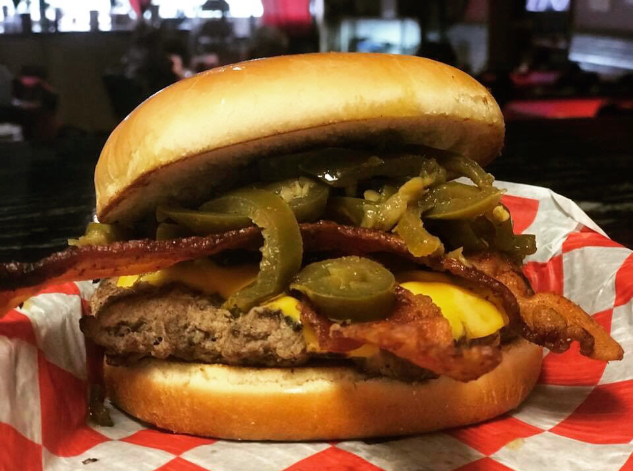 Order Bacon Jalapeno Cheeseburger (1/2 lb.) food online from Ranch House Burgers II store, Mission on bringmethat.com