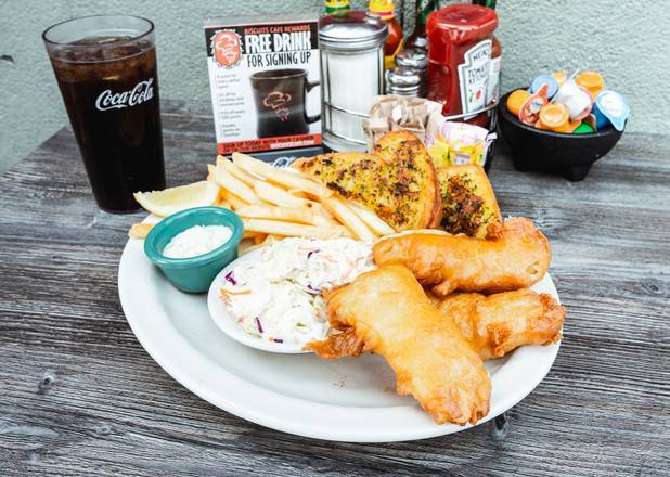 Order Fresh Battered Fish and Chips food online from Biscuits Café store, Canby on bringmethat.com