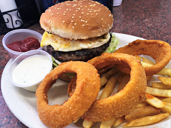 Order Egg Burger Fries & 3 Hand Dipped Golden 0nion Rings food online from Jim's Burgers #2 store, Wilmington on bringmethat.com