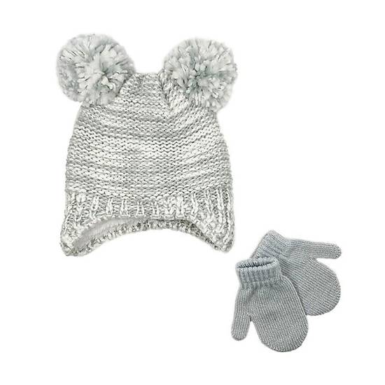 Order NYGB™ Size 12-24M 2-Piece Cuddler Double Pom-Pom Hat and Mitten Set in Grey food online from Bed Bath &Amp; Beyond store, Rego Park on bringmethat.com