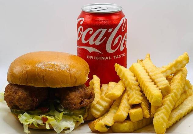Order Crispy Chicken Sandwich, Fries, & Drink food online from The burger cave store, North Las Vegas on bringmethat.com
