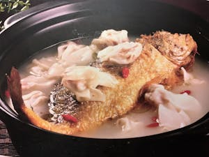 Order E1. Big Yellow Fish with Wonton Dumpling Casserole 大黄鱼馄饨砂锅 food online from Garage Restaurant store, San Gabriel on bringmethat.com