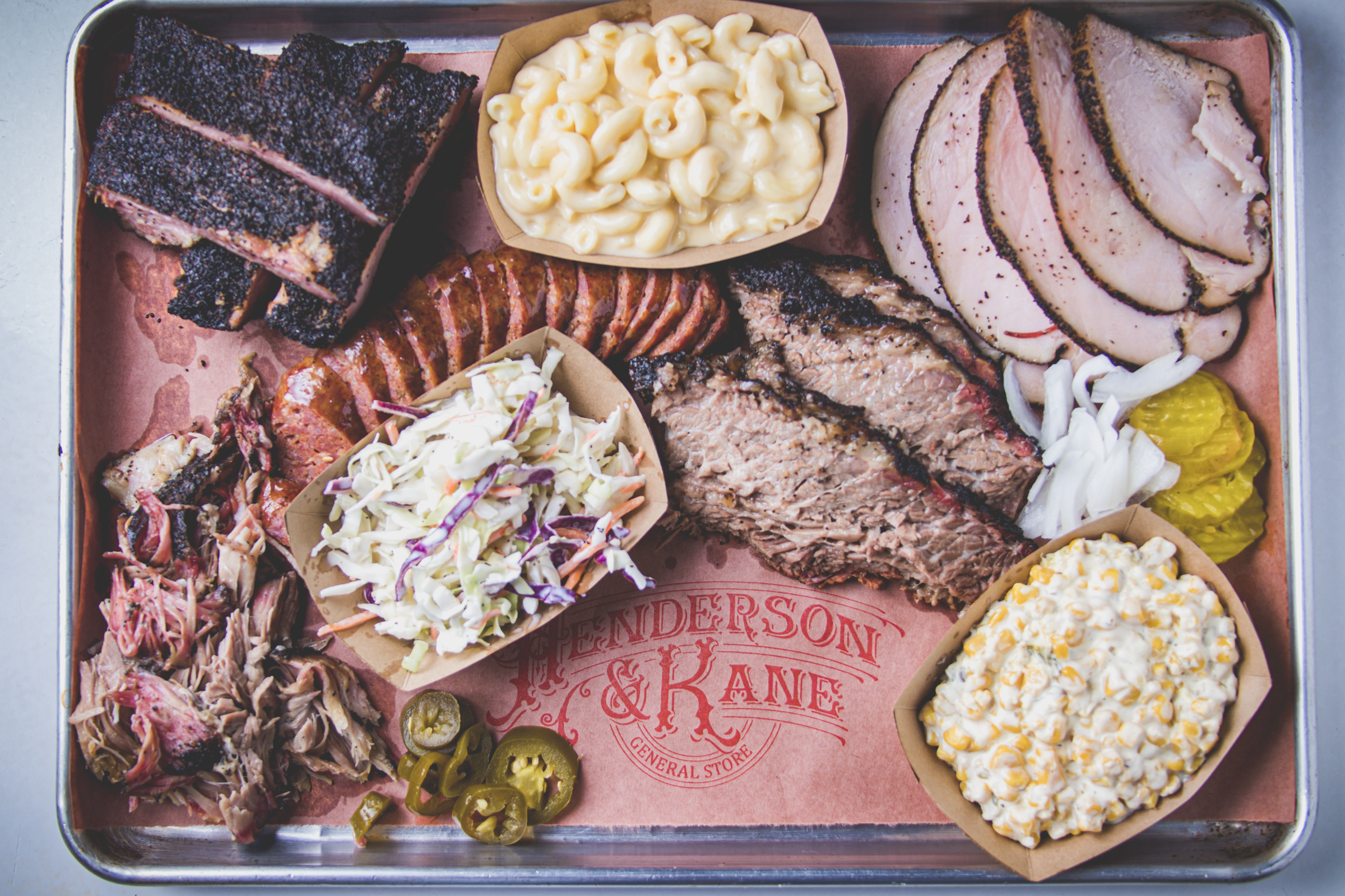 Order Pitmaster (5 Meats Plate, 3 sides) food online from Henderson & Kane General Store store, Houston on bringmethat.com