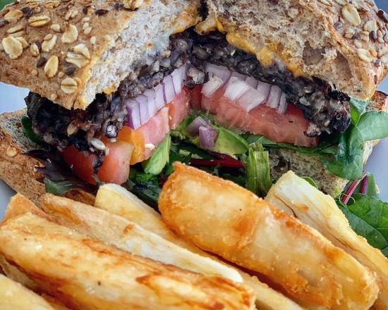 Order Rainforest Burger & Yucca Fries food online from The Purple Elephant store, Northport on bringmethat.com
