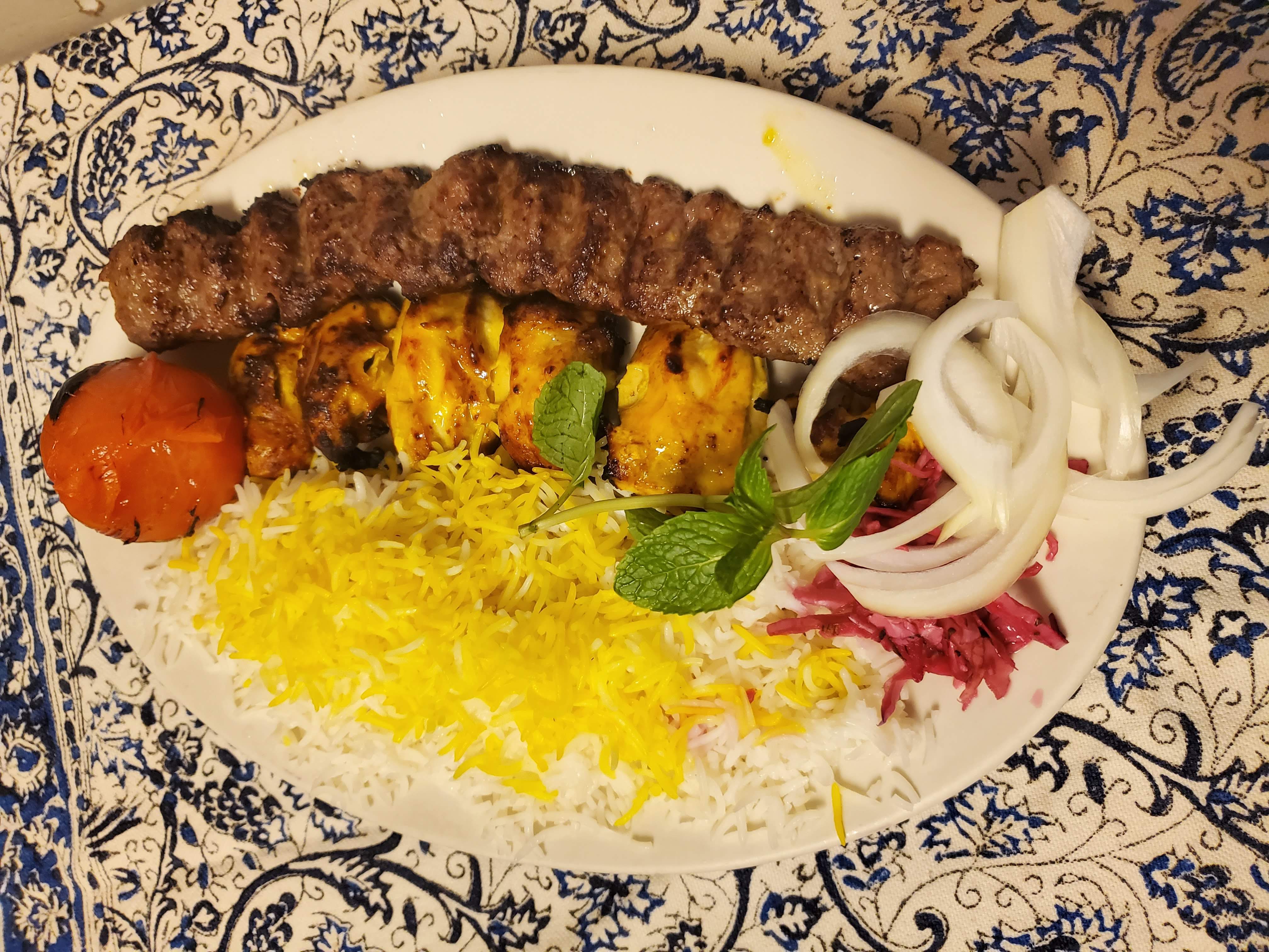 Order Gorgan Chicken and Koobideh Kabob with Rice food online from Stone Stew store, San Jose on bringmethat.com