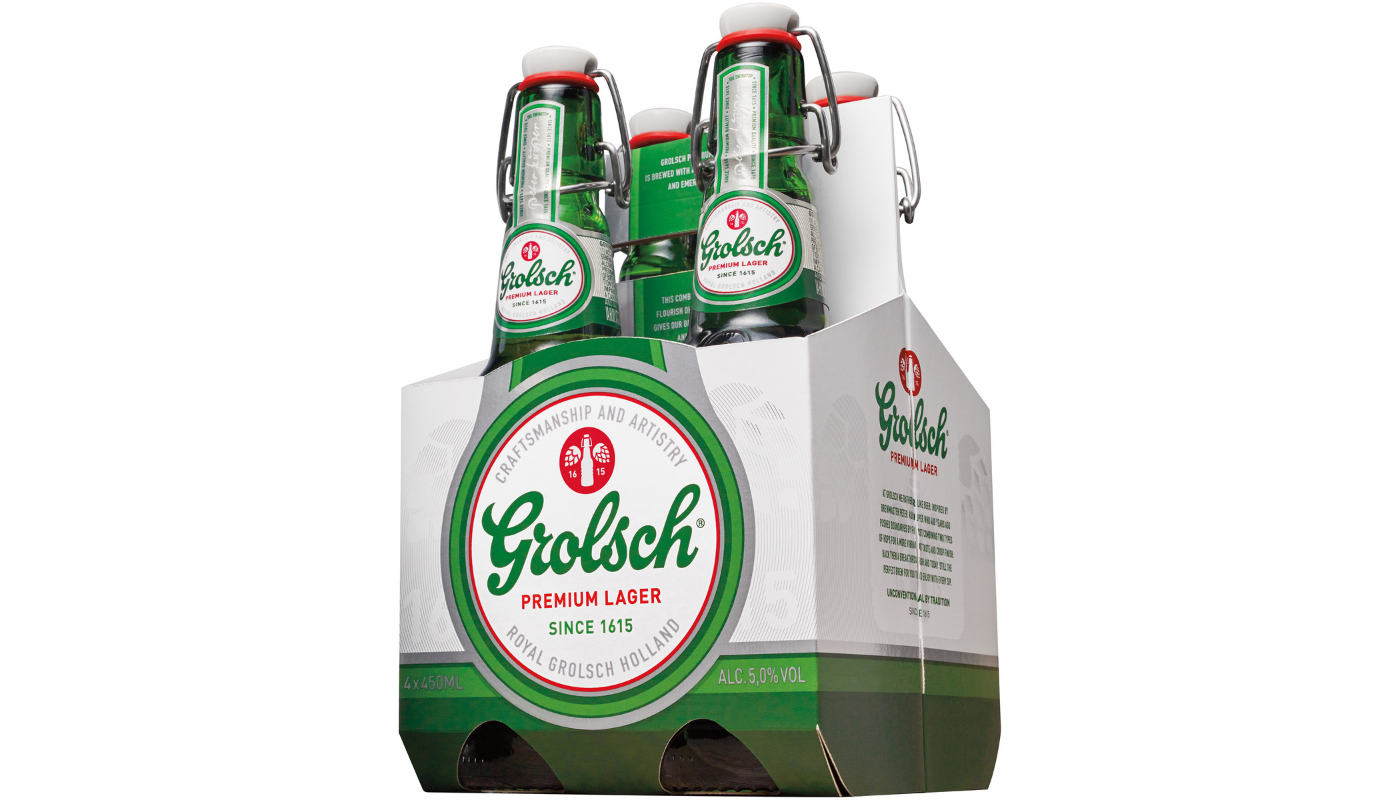 Order Grolsch Premium Lager 4 Pack 15.2 oz Bottles food online from Liquor Palace store, Burbank on bringmethat.com