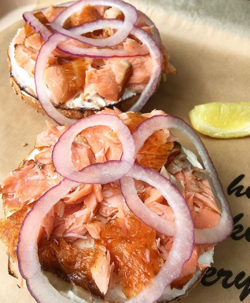 Order Bagel with Hot Smoked Salmon food online from Wexler Deli store, Santa Monica on bringmethat.com