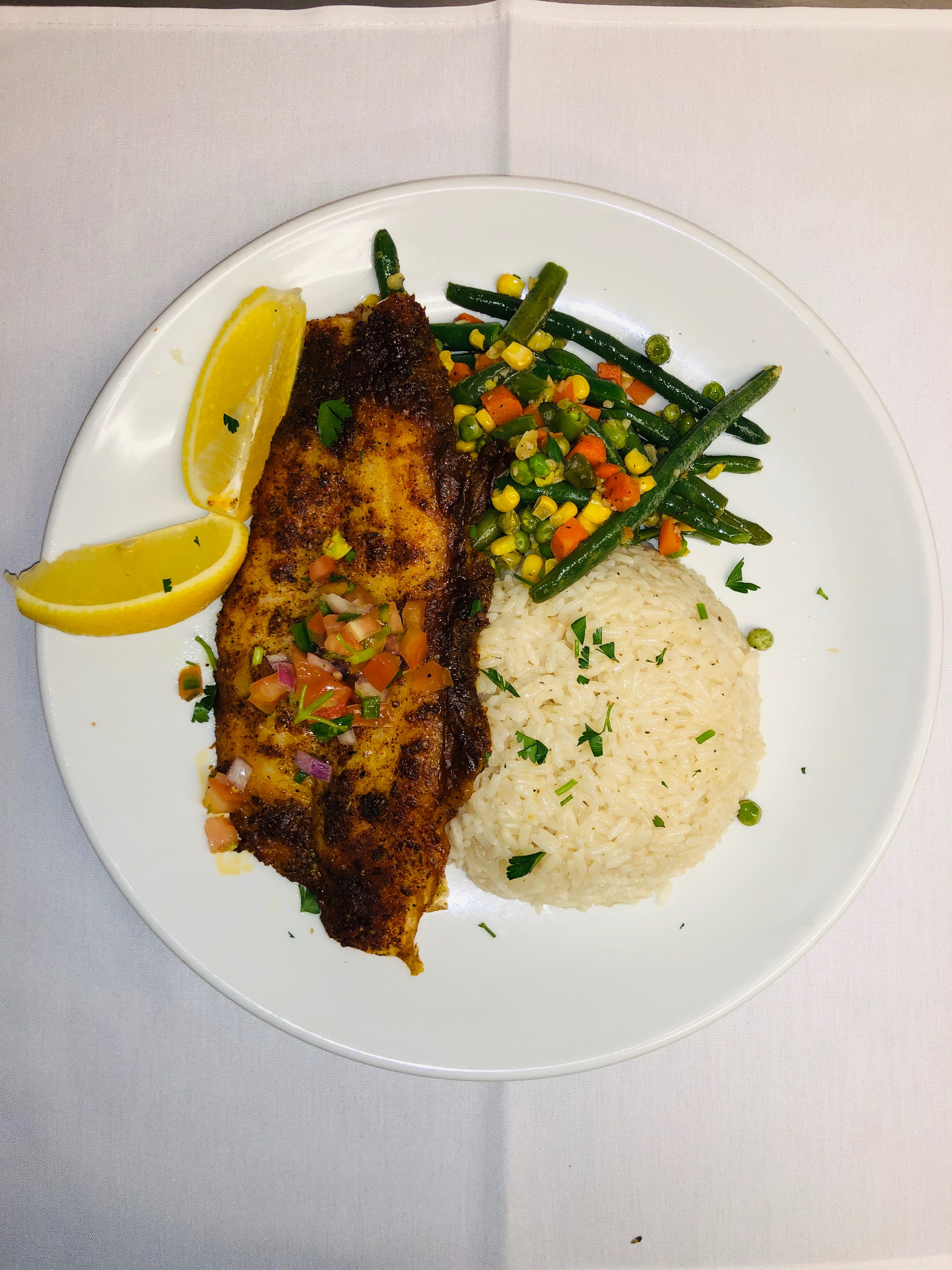 Order Blackened Cod with Rice & Veggies food online from North Sea Tavern store, Southampton on bringmethat.com