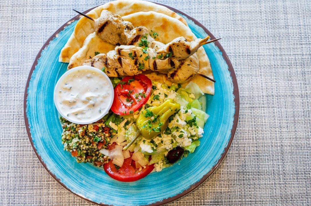 Order Chicken Souvlaki Plate food online from Papouli's Mediterranean Cafe and Market store, Macon on bringmethat.com