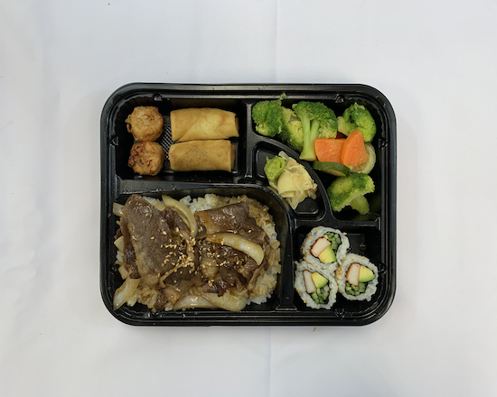Order Bento 10 - Gyu Don (Grilled shaved steak with Onion) food online from Sushi Time store, Boston on bringmethat.com