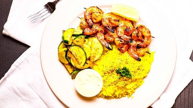 Order Shrimp Kabob Plate food online from Sababa Mediterranean Cuisine store, Richardson on bringmethat.com