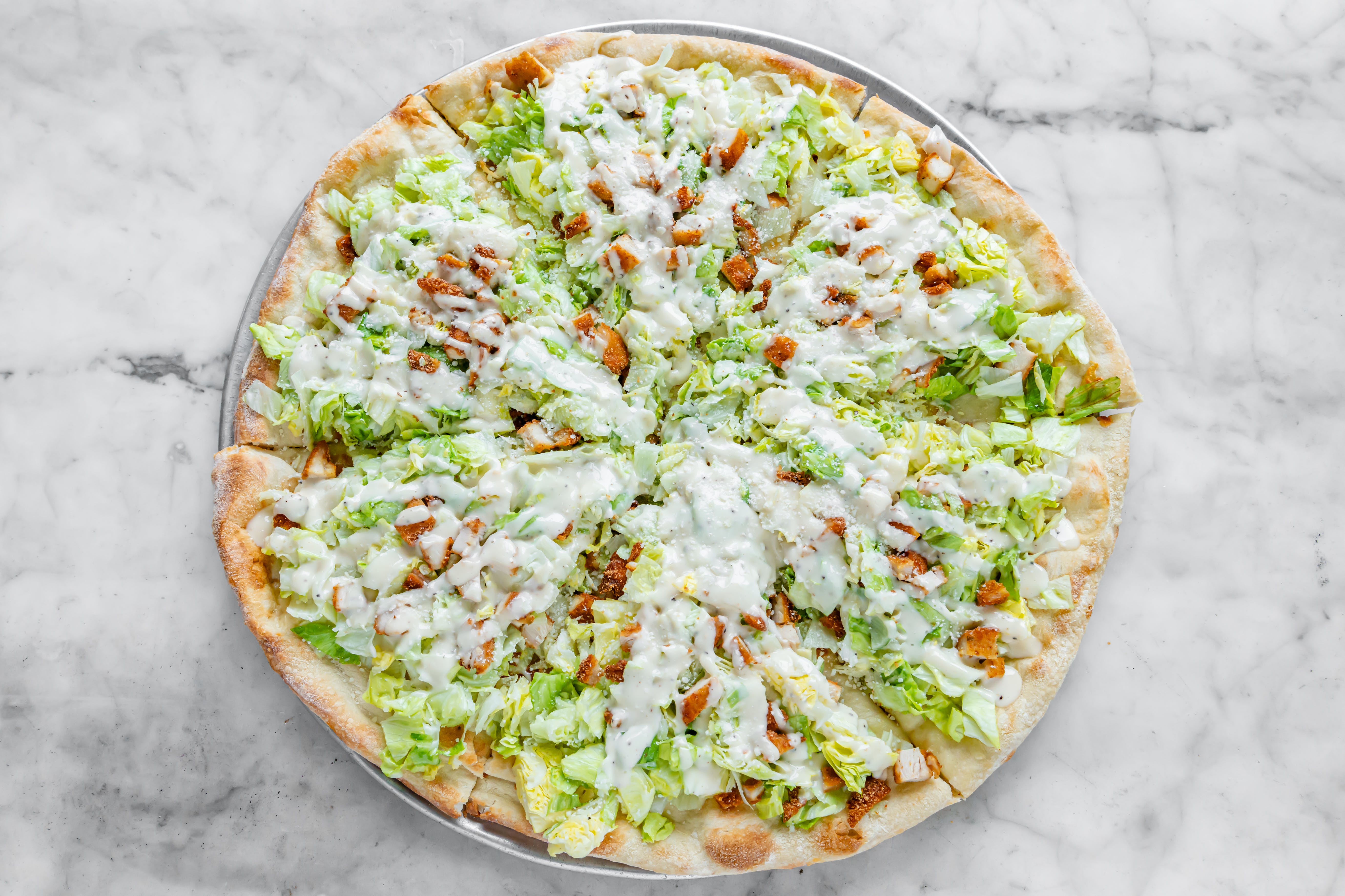 Order Caesar Salad Pizza with Chicken - Medium (6 Slices) food online from Corato pizza i catering store, Ridgewood on bringmethat.com