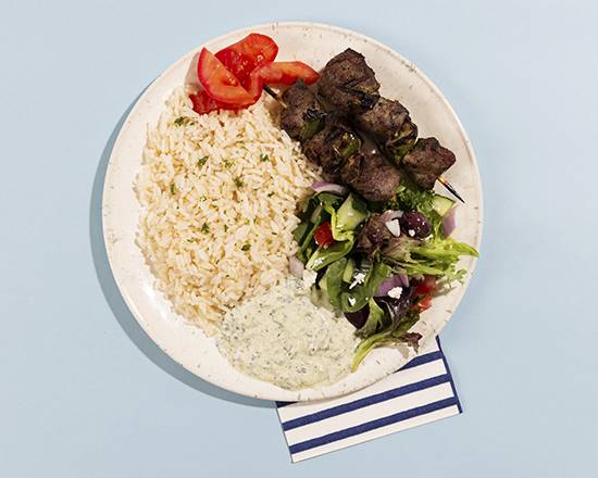 Order Beef Soulvaki Rice Platter food online from Mama's Moussaka By Al Masri store, San Francisco on bringmethat.com