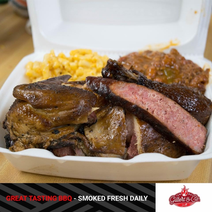 Order Two Meat Dinner food online from Gilbert & Co. Bbq store, Humble on bringmethat.com