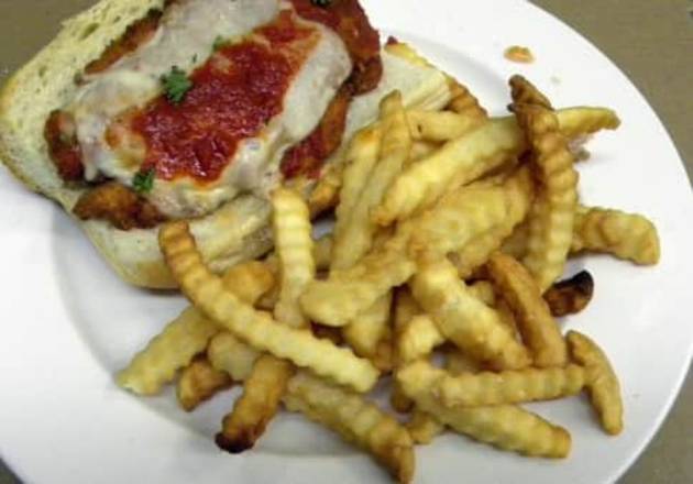 Order Chicken Parmigiana Sandwich food online from Salerno Pizzeria & Sports Bar store, Hodgkins on bringmethat.com