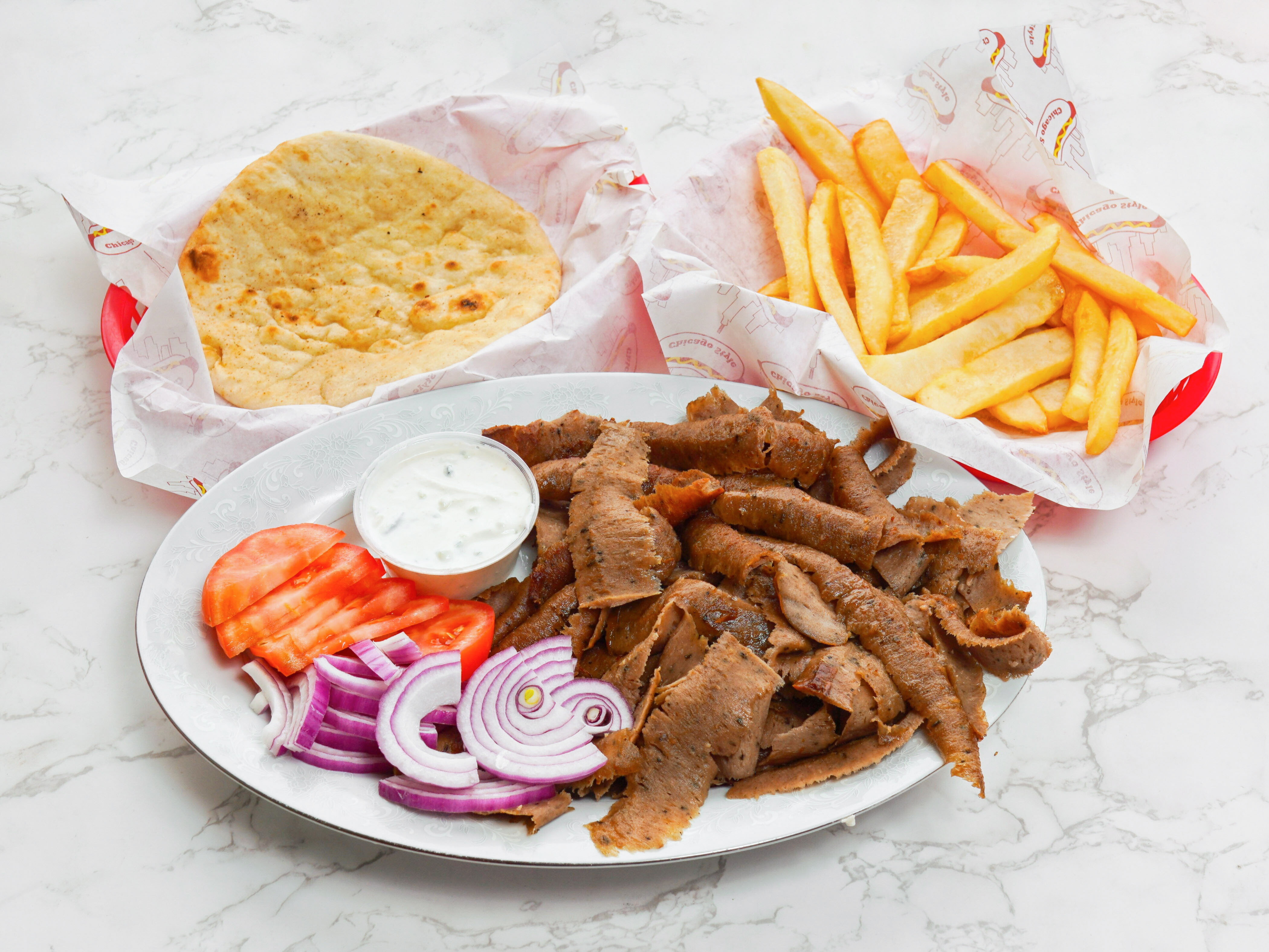 Order Gyros Plate Dinner food online from Eastern Style Pizza store, Chicago on bringmethat.com