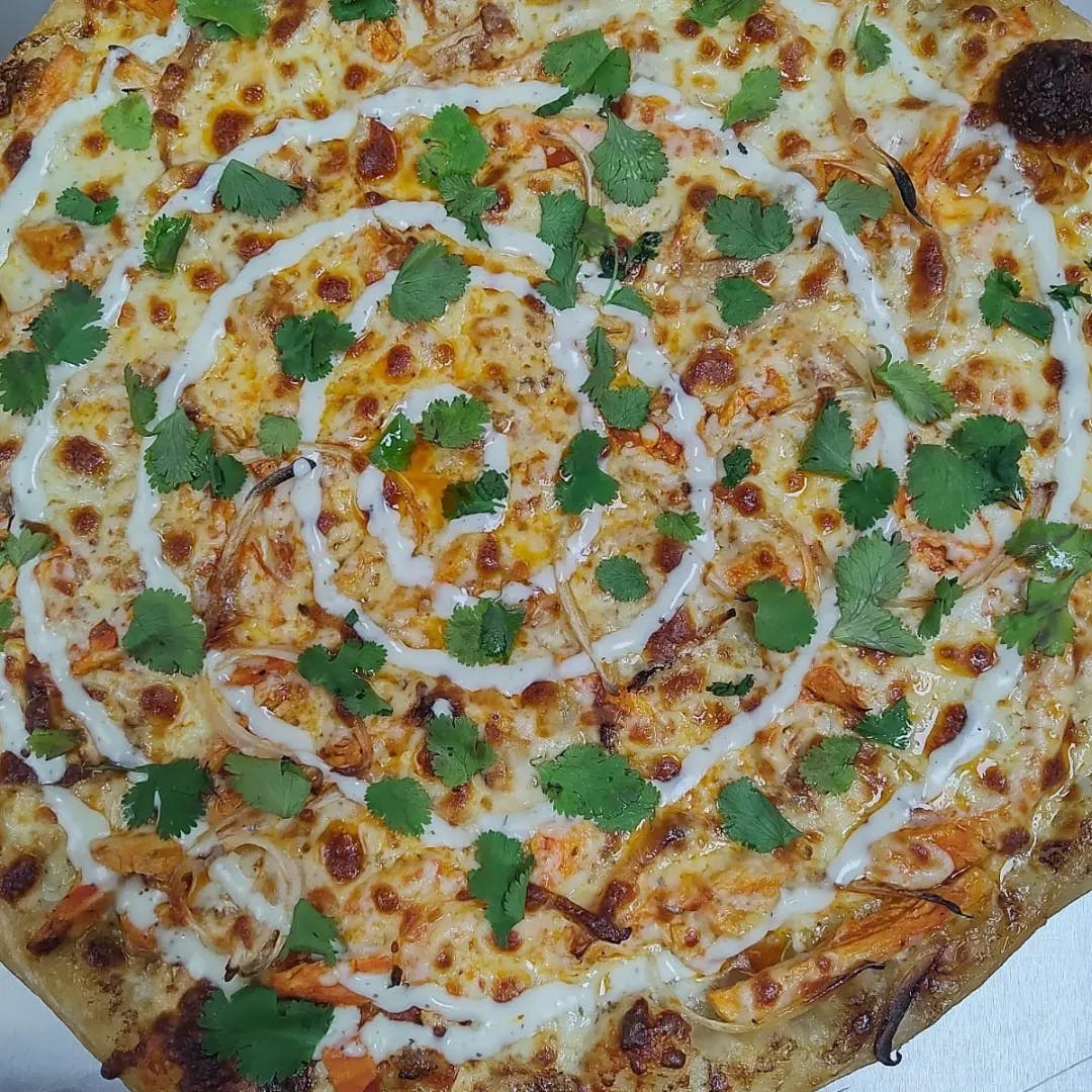 Order Spicy Chicken Pizza - Medium 11" food online from Bells Pizza Company store, Bellflower on bringmethat.com