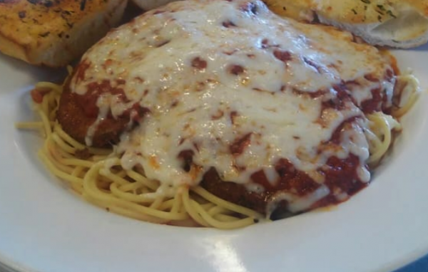 Order Eggplant Parmigiana with Spaghetti food online from The Pizzeria Factory store, Winnetka on bringmethat.com
