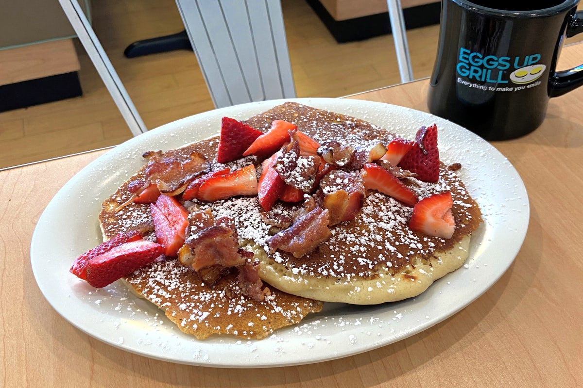 Order Red, White & Bacon Pancakes food online from Eggs Up Grill store, Summerville on bringmethat.com