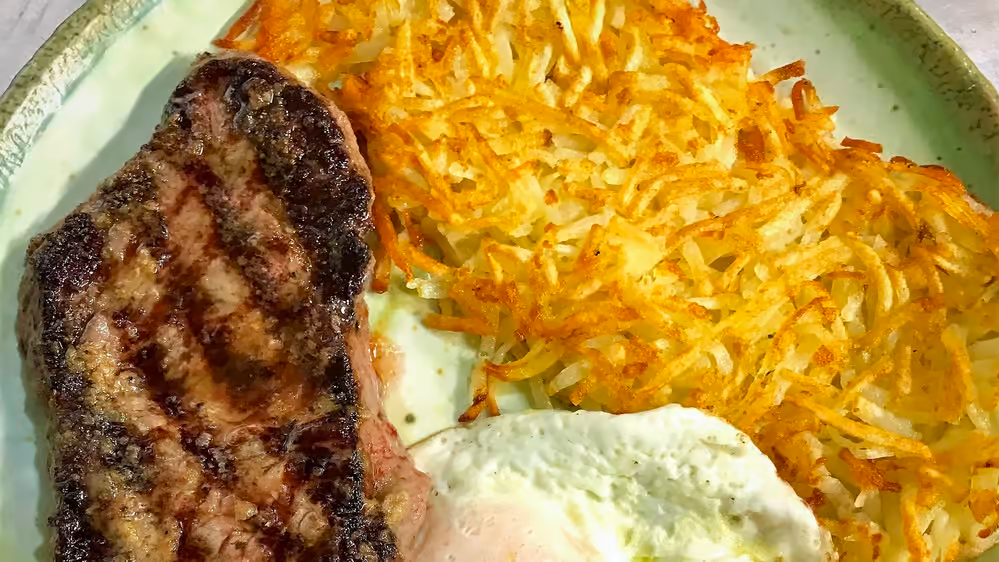 Order 10 oz New York Steak & Eggs food online from Old Mill Eatery & Smokehouse store, Shasta Lake on bringmethat.com