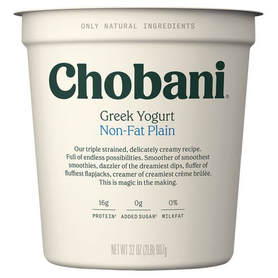 Order Chobani Plain Non-fat Greek Yogurt 32oz food online from Everyday Needs by Gopuff store, Waltham on bringmethat.com