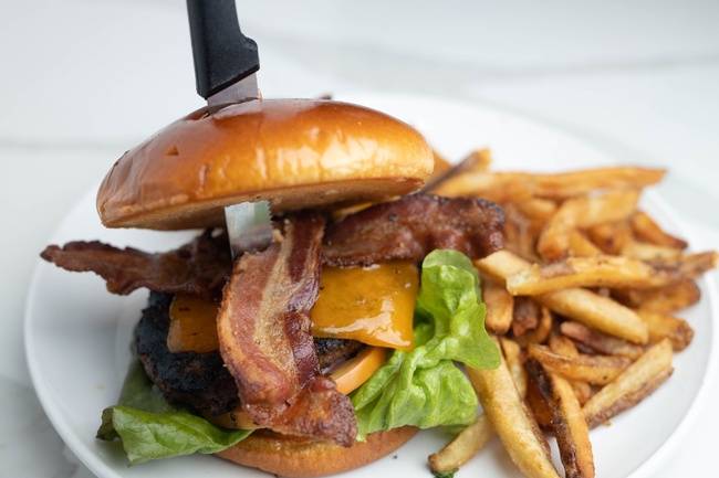 Order Pepper Bacon Cheese Burger food online from Thirsty Lion Gastropub & Grill store, Portland on bringmethat.com