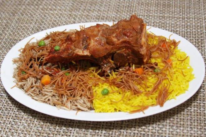 Order Lamb Shank Dish with Rice and Stew food online from Al Azayem Restaurant store, El Cajon on bringmethat.com