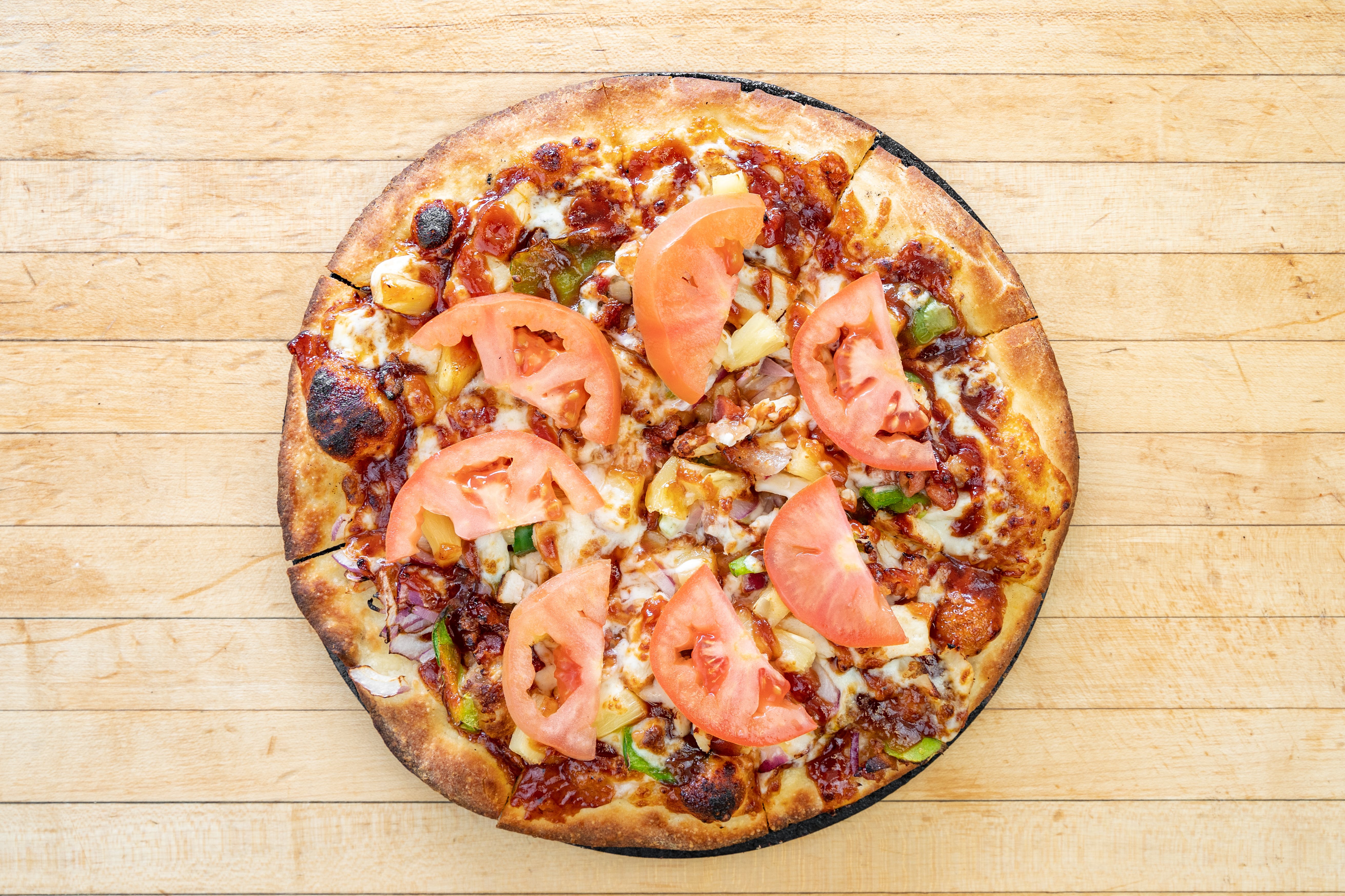 Order Hawaiian BBQ Chicken Supreme Pizza - Small 10'' (8 Slices) Feeds 1-2 food online from Checkers pizza and ribs store, San Jose on bringmethat.com