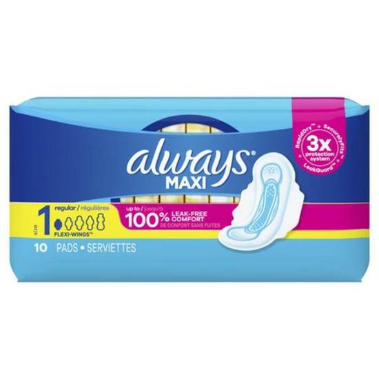 Order Always Maxi Pads (Size 1) - 10 Ct food online from IV Deli Mart store, Goleta on bringmethat.com