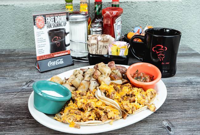 Order Breakfast Tacos food online from Biscuits Café store, Canby on bringmethat.com