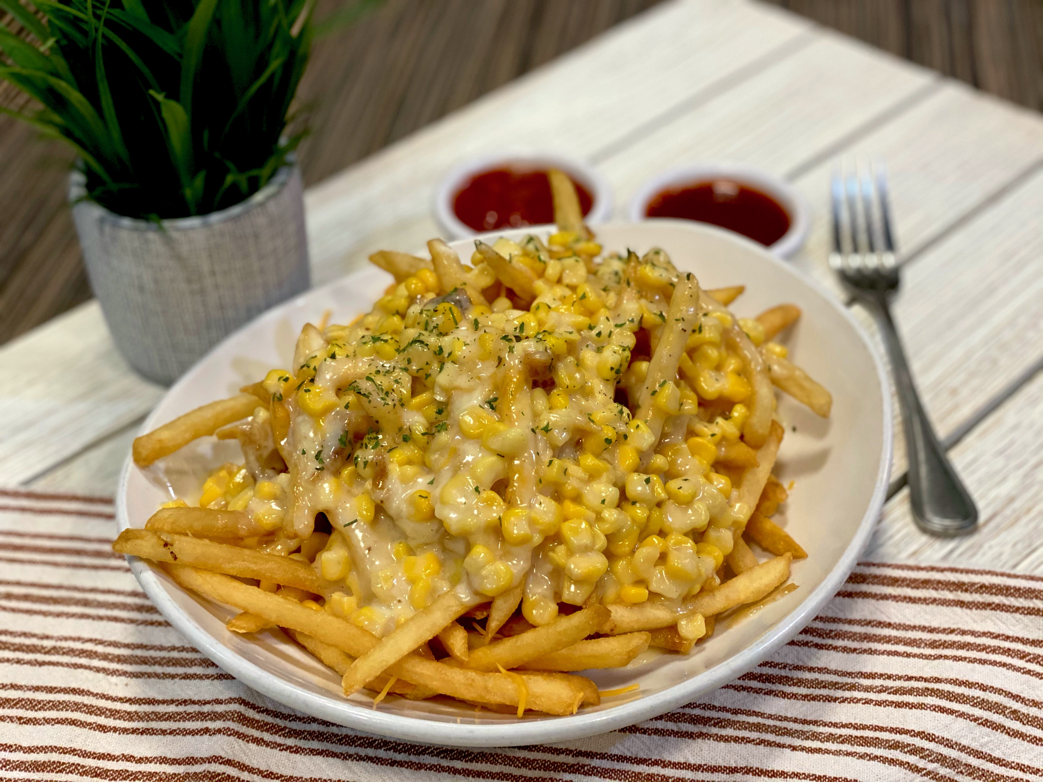Order Corn Cheese Fries food online from Soo Ja Fusion Bistro store, Fremont on bringmethat.com