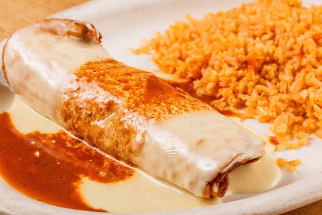 Order #16.  Chimi Burrito (1 pc) food online from Los Tres Amigos Mexican Restaurant store, Slidell on bringmethat.com