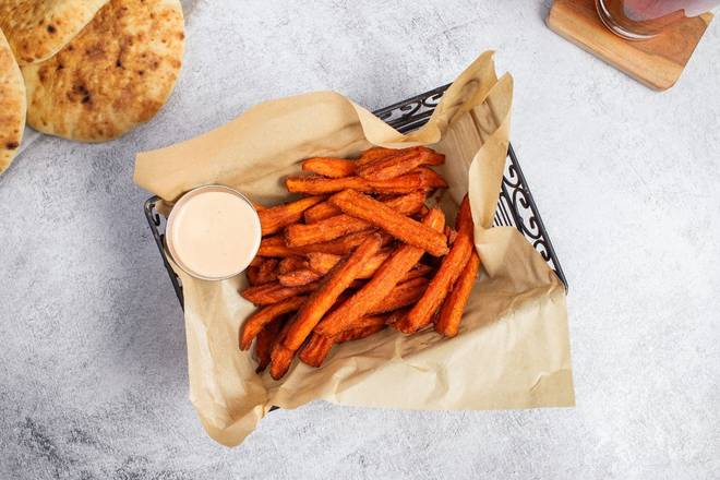 Order Sweet Potato Fries with Red Pepper Mayo food online from Oren Hummus store, Mountain View on bringmethat.com