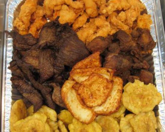 Order Pollo, Res, cerdo, queso con tostones/Chicken, Beef, pork, cheese with tostones food online from Peralta Brentwood Deli Grocery store, Brentwood on bringmethat.com