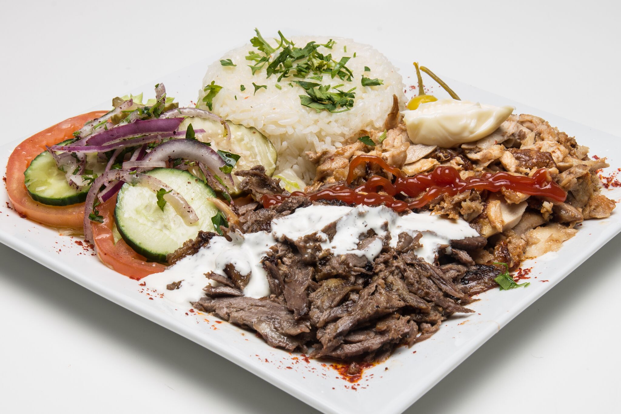 Order Mixed Beef & Chicken Döner Plate food online from Ikram Grill store, Fountain Valley on bringmethat.com