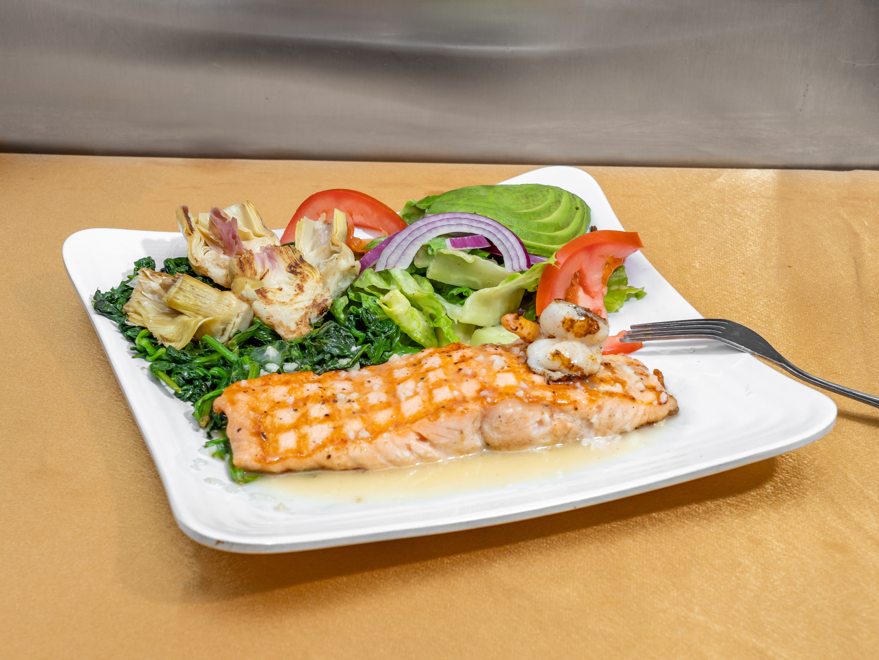Order Pan Seared Fillet Salmon with Grilled Shrimp food online from Pita Grill store, New York on bringmethat.com