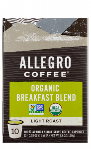 Order Organic Breakfast Blend Capsules (0.38 oz. Capsules (10)) food online from Allegro Coffee Company store, Oklahoma City on bringmethat.com