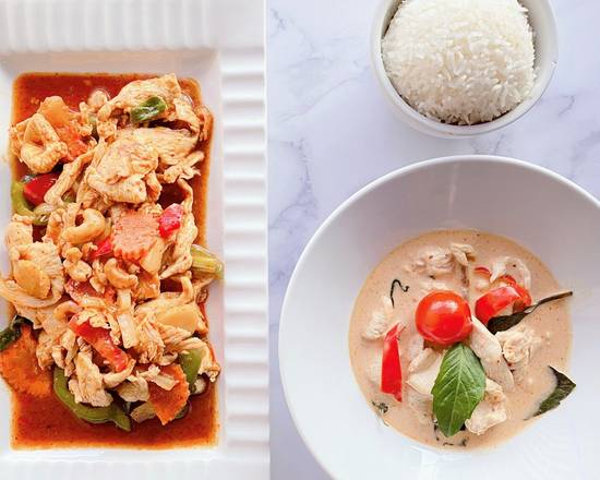 Order (Combo) Thai Cashew (16oz) + Red Curry (16oz) food online from Thai Curry store, Arlington on bringmethat.com