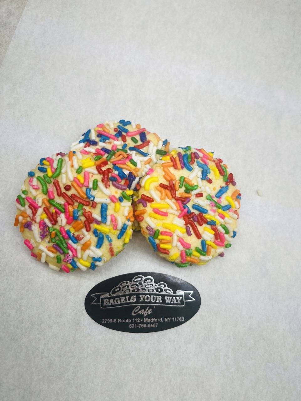 Order MINI rainbow sprinkle cookies (3pcs) food online from BAGELS YOUR WAY store, Medford on bringmethat.com