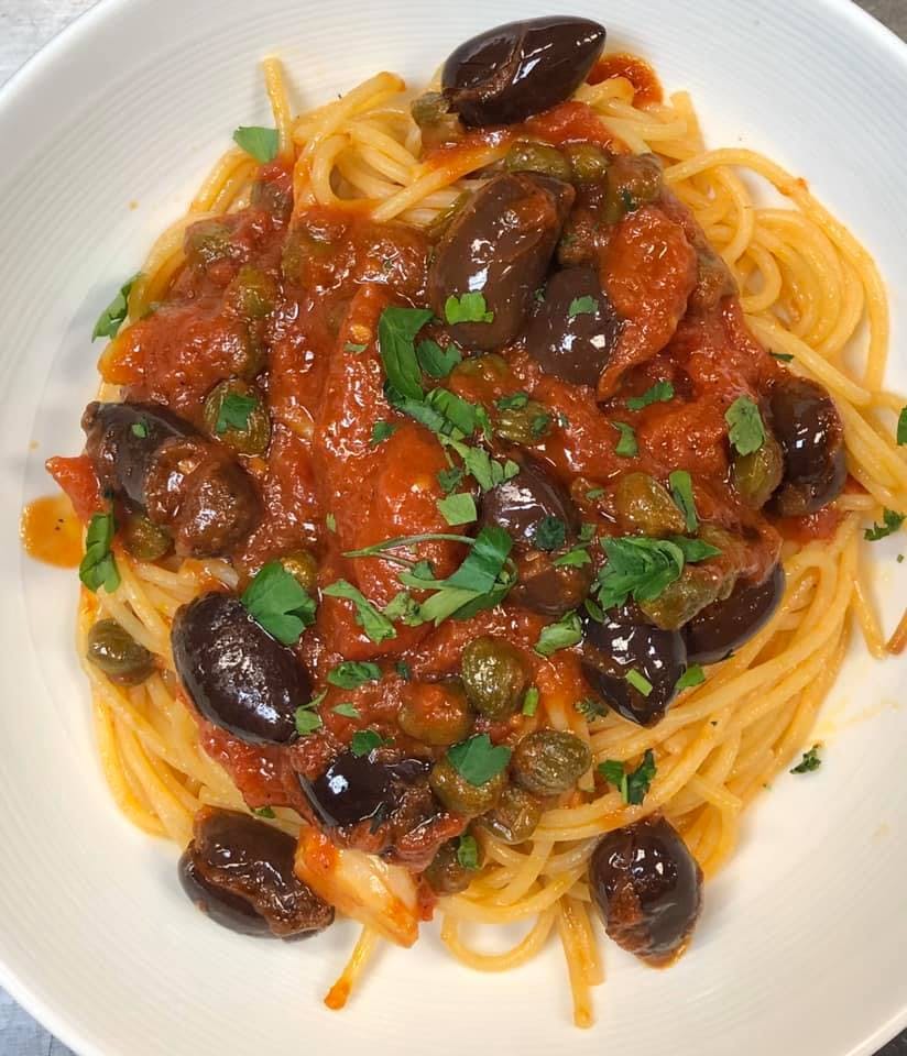 Order Spaghetti Puttanesca - Pasta food online from Enzo Caffe Italia store, Toms River on bringmethat.com