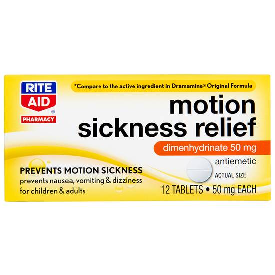 Order Rite Aid Motion Sickness Relief Tablets 50mg (12 ct) food online from Rite Aid store, Santa Rosa on bringmethat.com